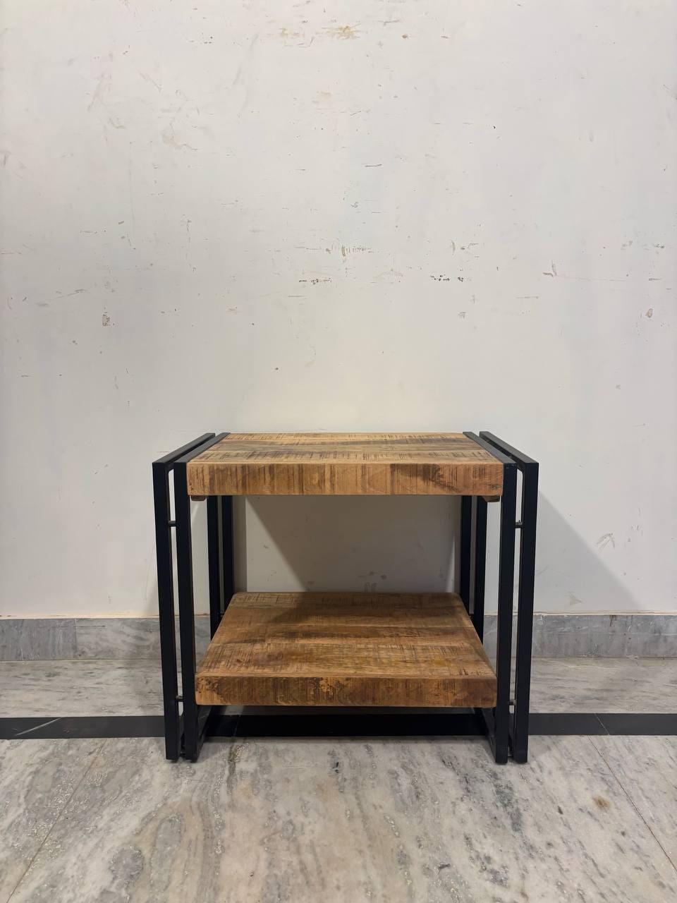 Handcrafted Mango Wood Side Table | Rustic Bedside Cabinet with Shelf