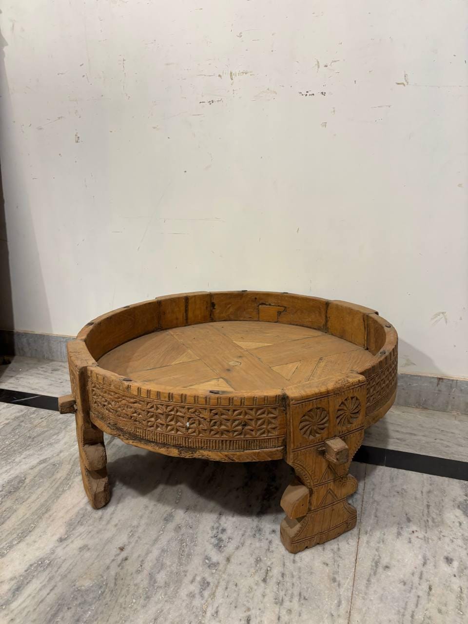 Handmade Indian Chowki Table: Carved Wood Bajot, Bohemian Decor