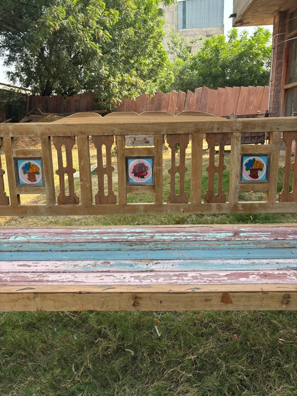 Handcrafted Wooden Garden Bench – Rustic Carved Indian Seating