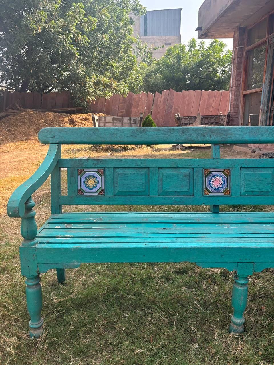 Vintage Hand Carved Wooden Bench – Rustic Indian Floral Garden Seating
