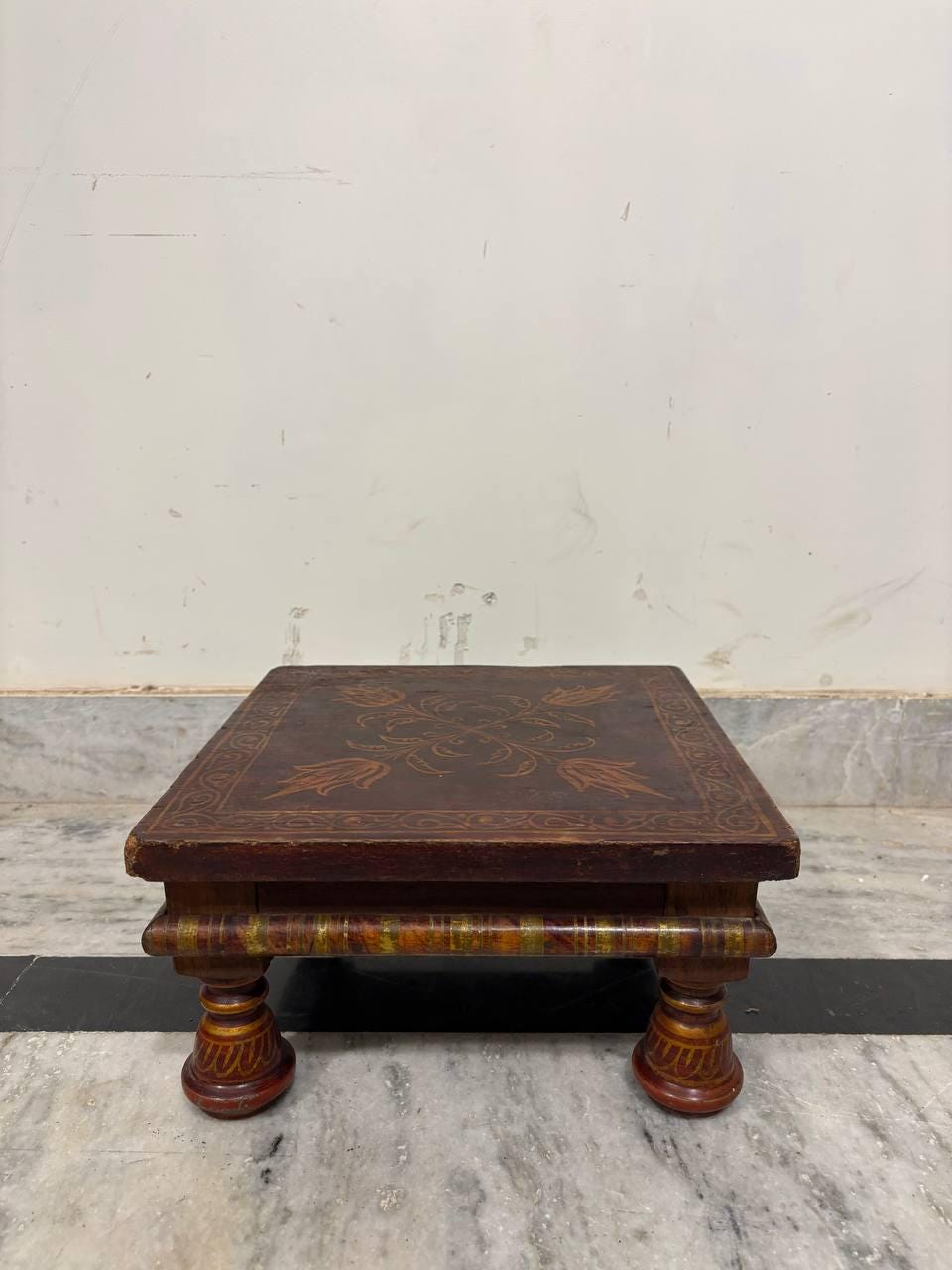 Handmade Indian Chowki Bajot: Painted Wood Low Table (15x30x30 cm)