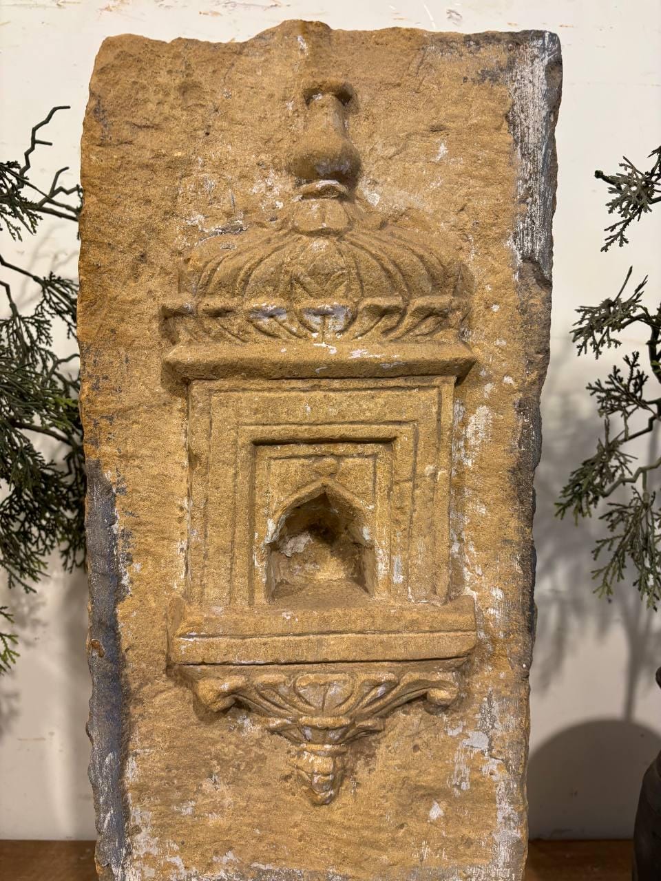 Antique Stone Alcove on Iron Stand: Indian Carved Lintel Candle Holder