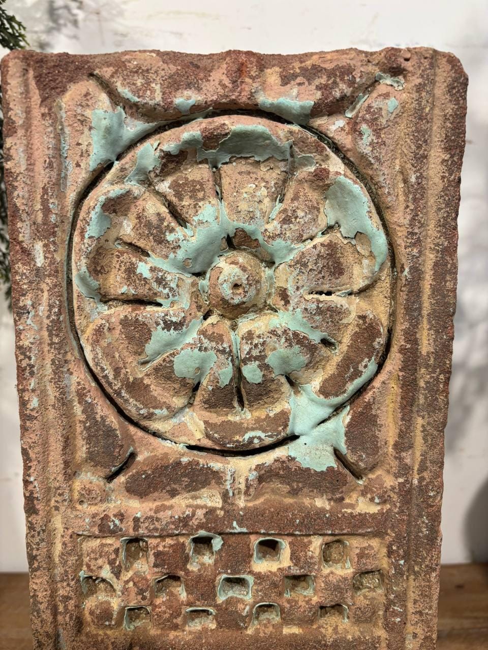 Handcrafted Stone Shrine Decor with Iron Stand: Spiritual Home Accent