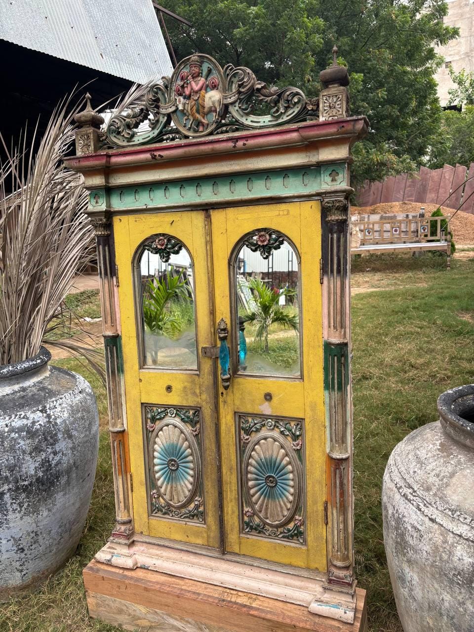 Antique Carved Wood Window: French Colonial Sunflower Panel, Original Glass