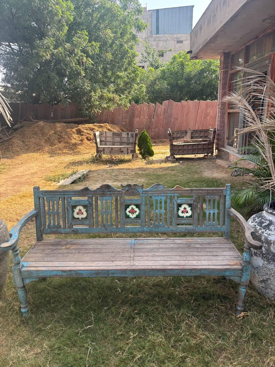 Vintage Hand-Carved Wooden Bench – Rustic Indian Garden Seating