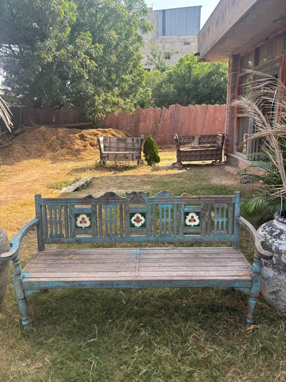 Vintage Hand-Carved Wooden Bench – Rustic Indian Garden Seating