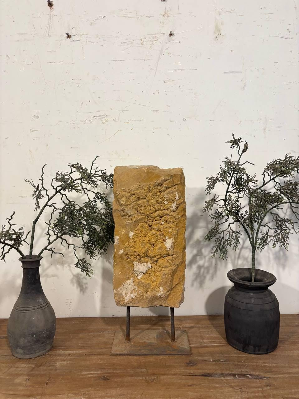 Antique Stone Alcove on Iron Stand: Indian Carved Lintel Candle Holder