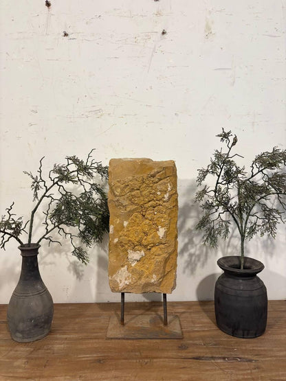 Antique Stone Alcove on Iron Stand: Indian Carved Lintel Candle Holder