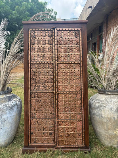 Handcrafted Wooden Almirah – Antique Indian Brass Embossed Wardrobe