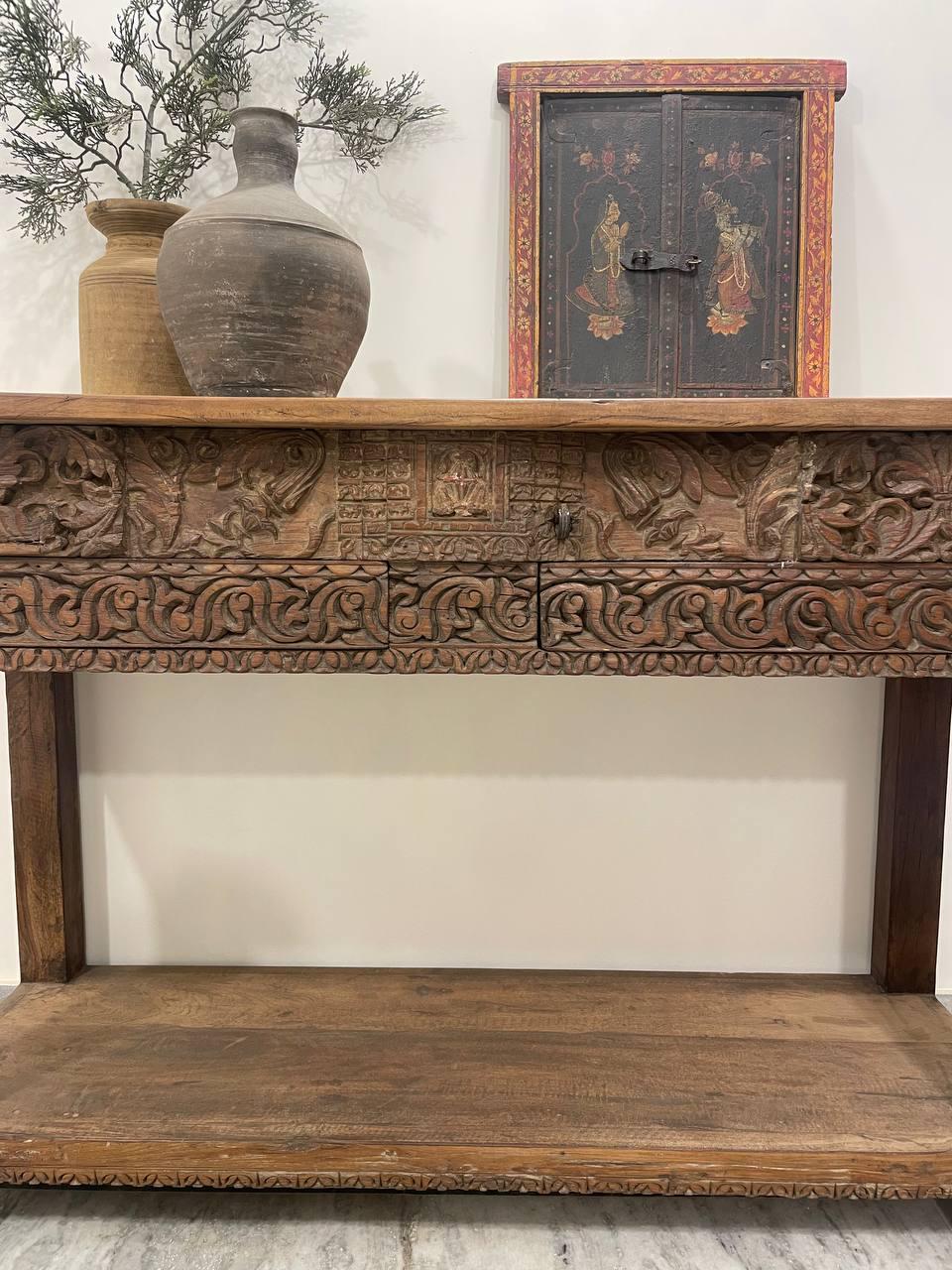 Carved Wood Indian Console Table: Rustic Boho Entryway Decor