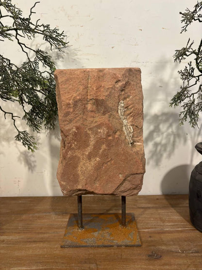 Antique Stone Alcove on Iron Stand: Carved Indian Aala Diya Holder