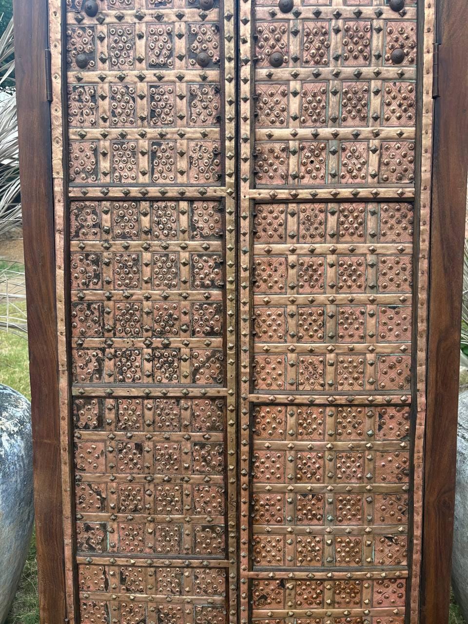 Handcrafted Wooden Almirah – Antique Indian Brass Embossed Wardrobe