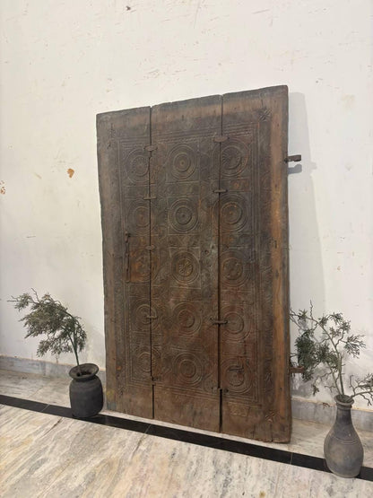 Antique Hand-Carved Indian Door Panel: 19th Century Tribal Decor