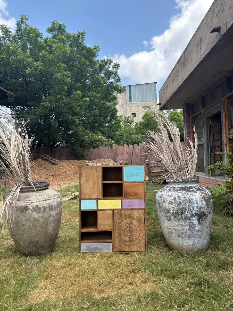 Handcrafted Wooden Storage Cabinet: Eclectic Patchwork Boho Sideboard