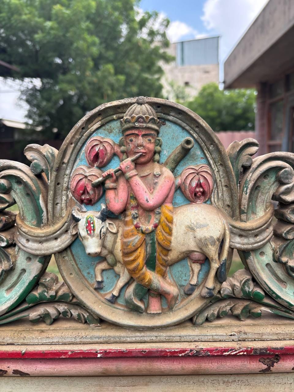 Antique Carved Wood Window: French Colonial Sunflower Panel, Original Glass