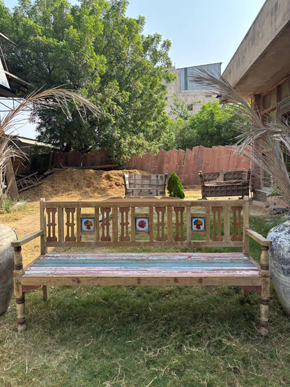 Handcrafted Wooden Garden Bench – Rustic Carved Indian Seating