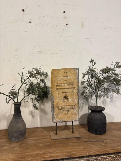 Antique Stone Alcove on Iron Stand: Indian Carved Lintel Candle Holder
