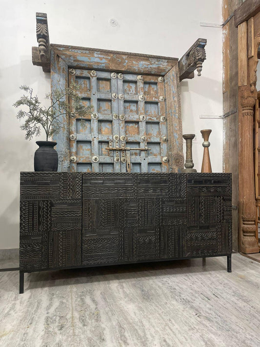 Modern Tabwa Carved Mango Wood Sideboard – Handcrafted Wooden Storage Cabinet with Intricate Geometric Detailing