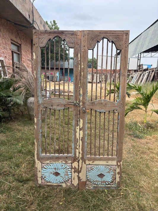 Vintage Carved Teak Wood Indian Door: Rustic Bohemian Home Decor