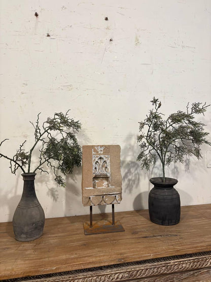 Antique Stone Alcove on Iron Stand: Carved Indian Aala Diya Holder