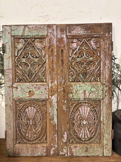 Antique Shekhawati Hand-Carved Window: Rustic Indian Wall Decor