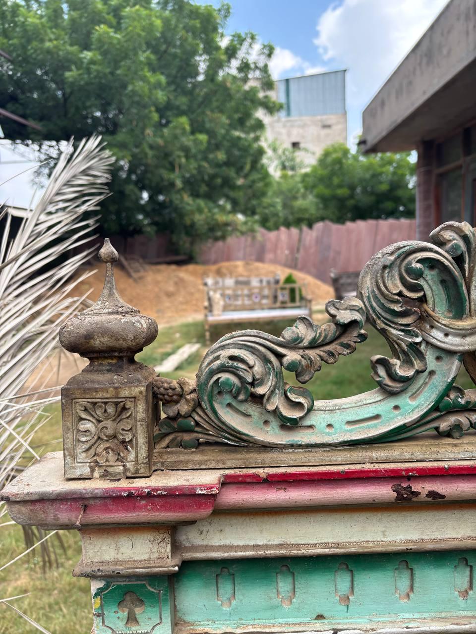 Antique Carved Wood Window: French Colonial Sunflower Panel, Original Glass