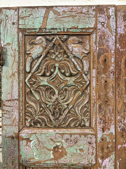 Antique Shekhawati Hand-Carved Window: Rustic Indian Wall Decor