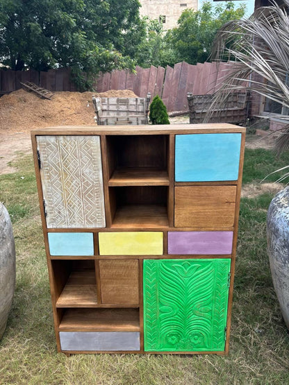 Handcrafted Wooden Storage Cabinet: Eclectic Patchwork Boho Organizer