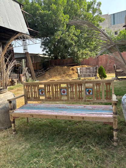 Handcrafted Wooden Garden Bench – Rustic Carved Indian Seating