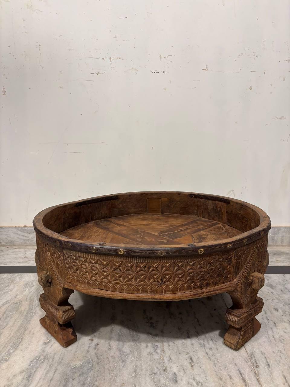 Handmade Indian Wooden Low Table: Bohemian Carved Chowki Bajot