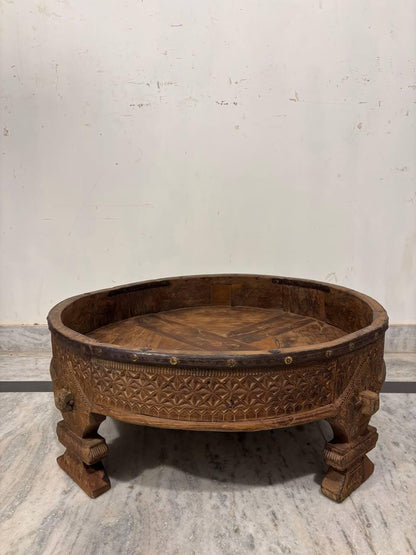 Handmade Indian Wooden Low Table: Bohemian Carved Chowki Bajot
