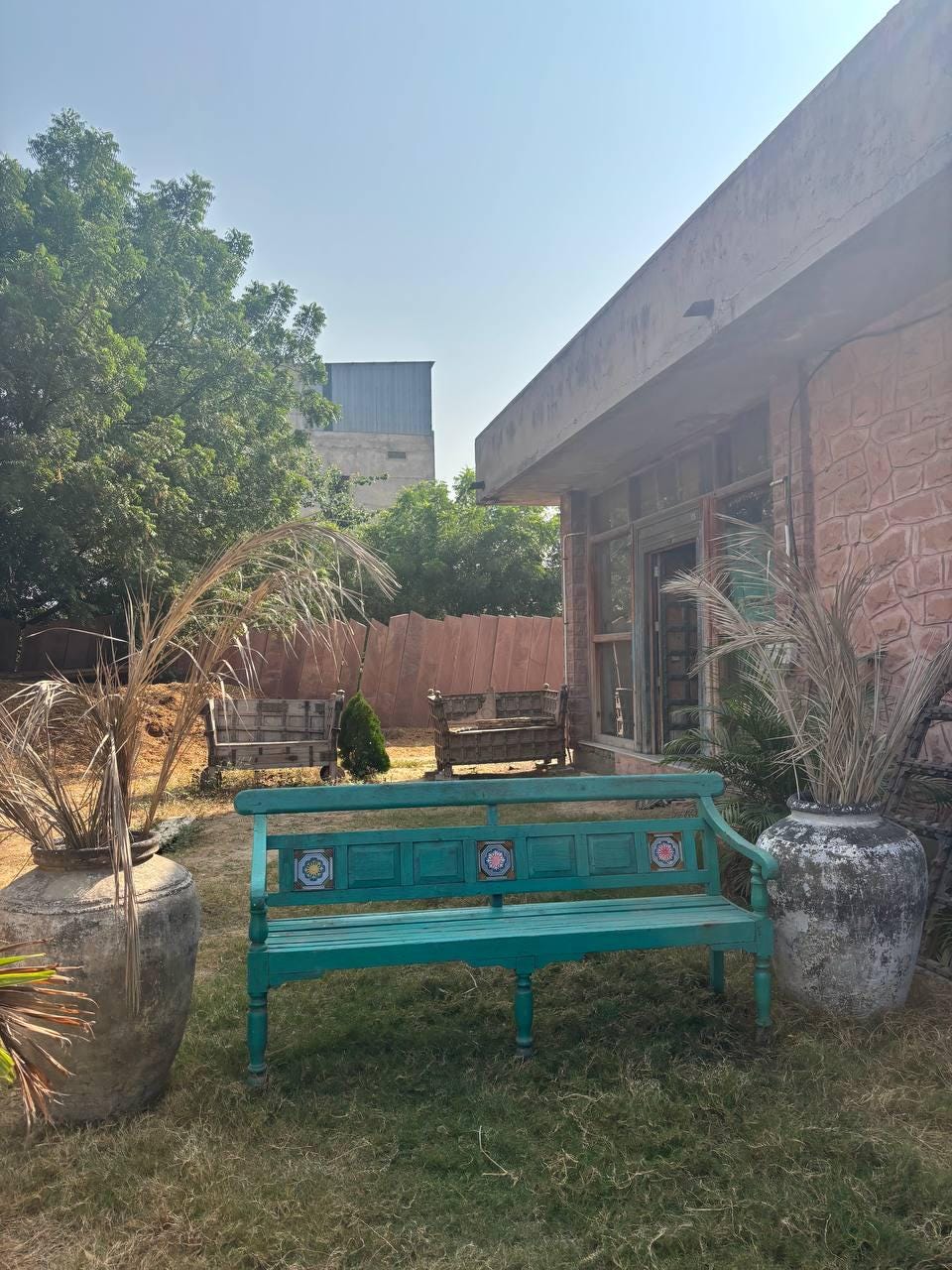 Vintage Hand Carved Wooden Bench – Rustic Indian Floral Garden Seating