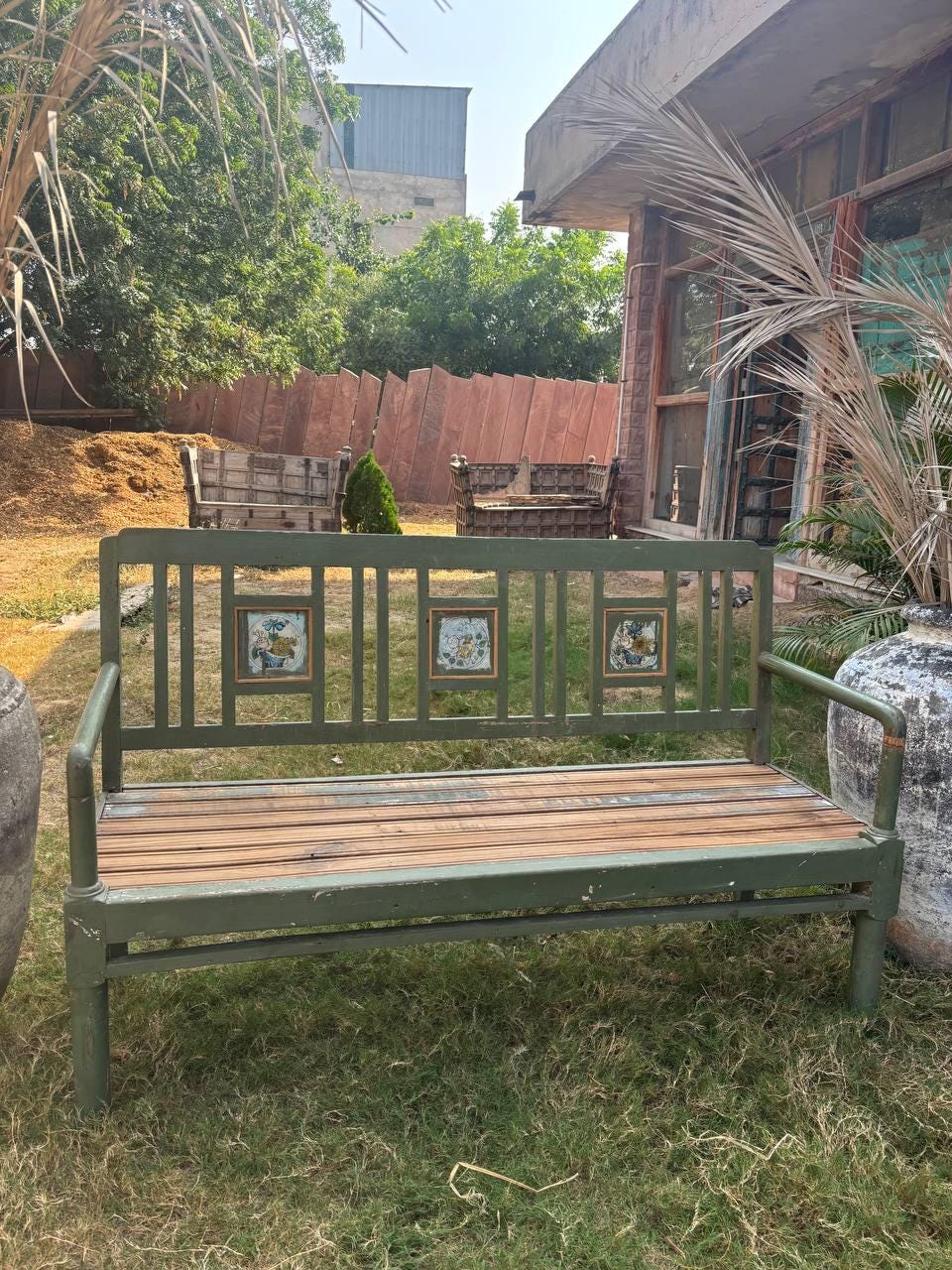 Vintage Wooden Bench – Handcarved Indian Garden Seating