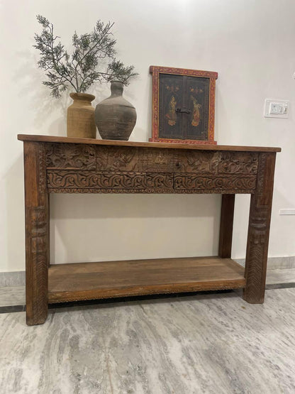 Carved Wood Indian Console Table: Rustic Boho Entryway Decor