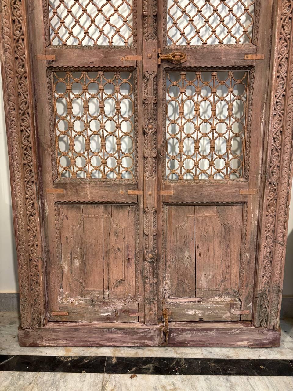 Antique Hand-Carved Jali Door Panel: Rustic Indian Teak Arch - 213x98cm