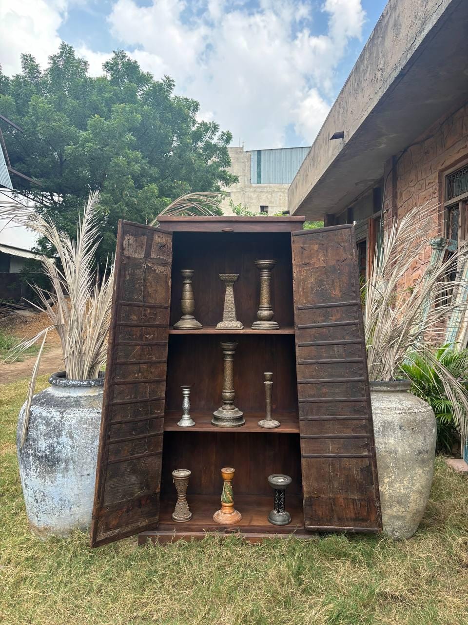 Handcrafted Wooden Almirah – Antique Indian Brass Embossed Wardrobe