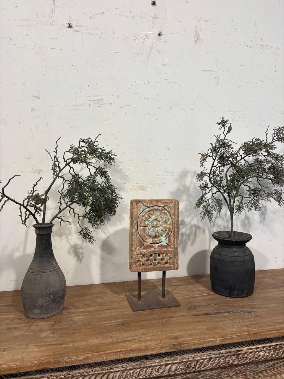 Handcrafted Stone Shrine Decor with Iron Stand: Spiritual Home Accent