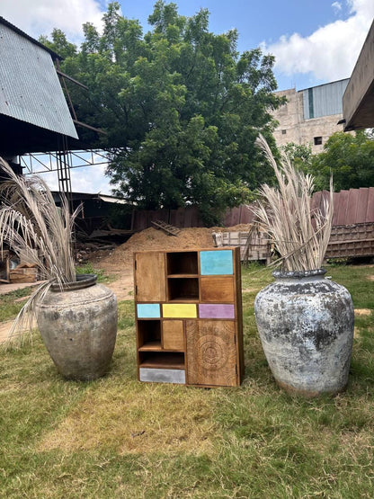 Handcrafted Wooden Storage Cabinet: Eclectic Patchwork Boho Sideboard
