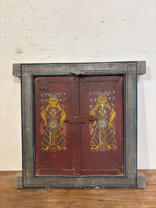 Vintage Hand Painted Indian Wall Decor Window Panel | Rajasthani Folk Art Wall Decor