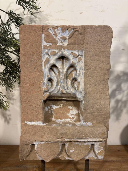 Antique Stone Alcove on Iron Stand: Carved Indian Aala Diya Holder