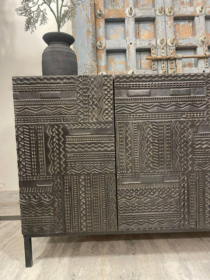 Modern Tabwa Carved Mango Wood Sideboard – Handcrafted Wooden Storage Cabinet with Intricate Geometric Detailing
