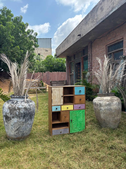 Handcrafted Wooden Storage Cabinet: Eclectic Patchwork Boho Organizer