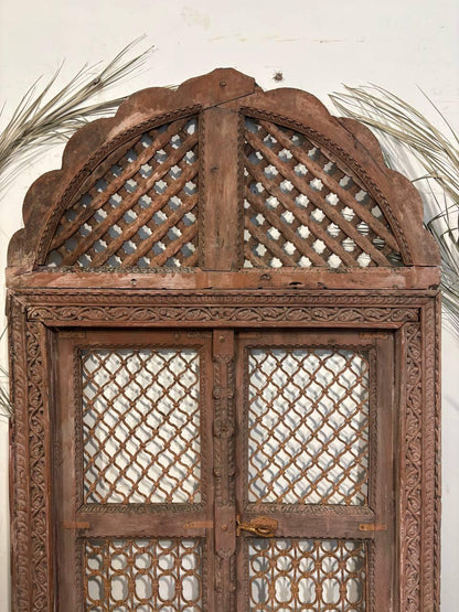 Antique Hand-Carved Jali Door Panel: Rustic Indian Teak Arch - 213x98cm