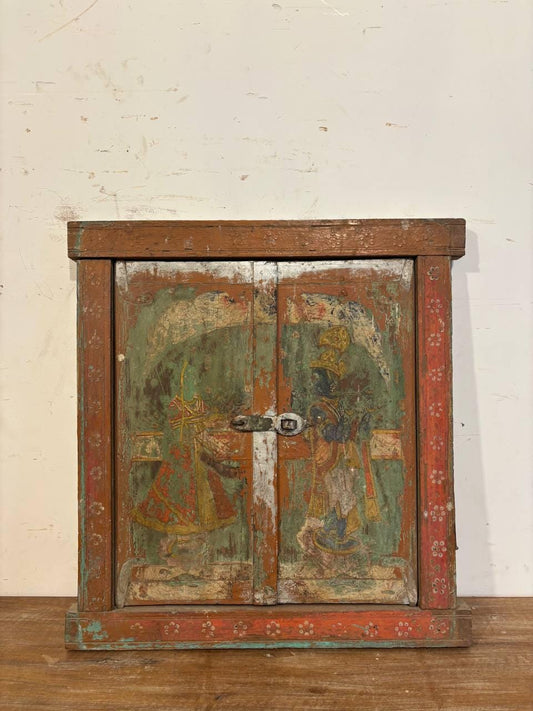 Vintage Radha Krishna Hand-Painted Window Frame: Indian Wall Decor