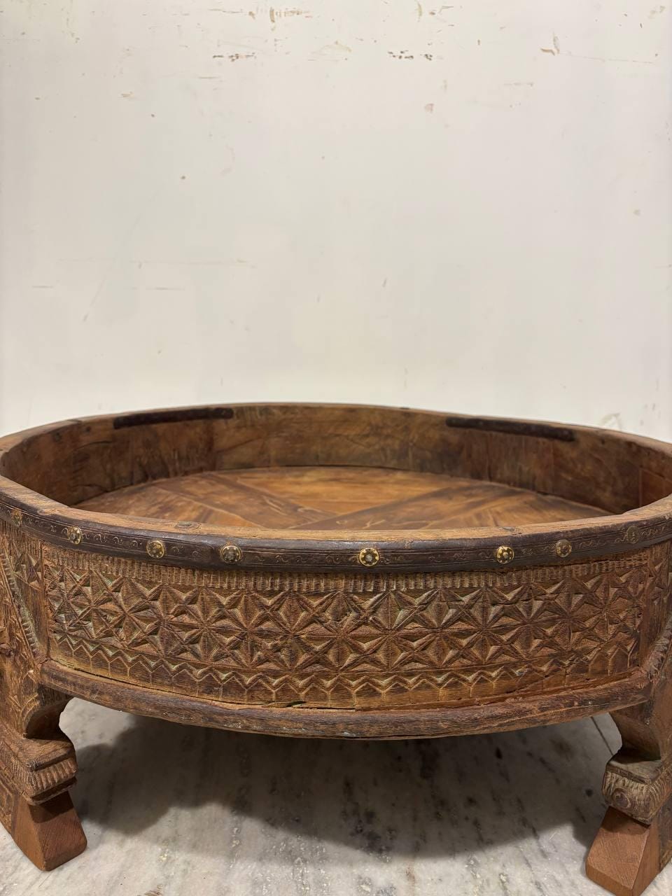 Handmade Indian Wooden Low Table: Bohemian Carved Chowki Bajot