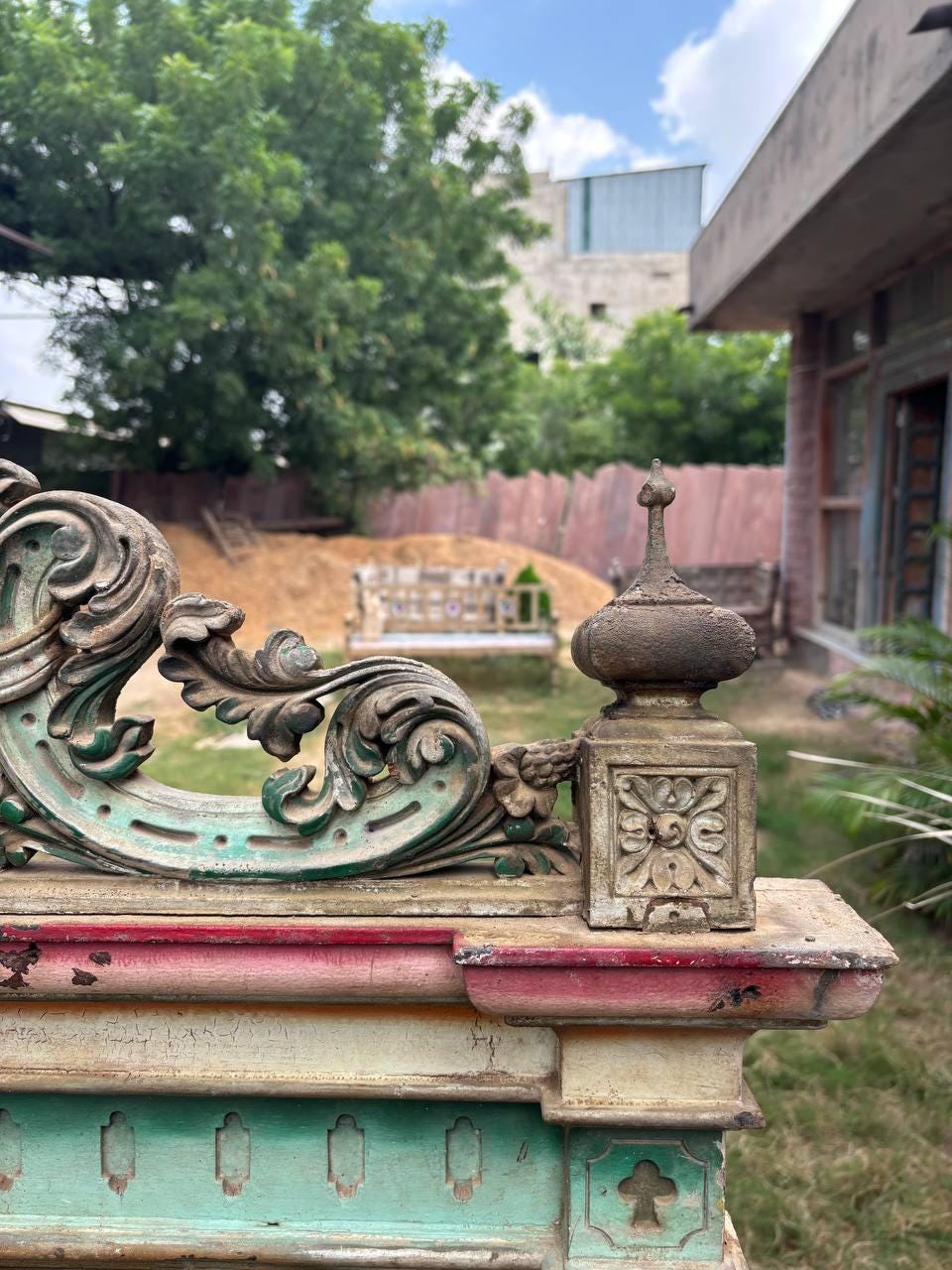 Antique Carved Wood Window: French Colonial Sunflower Panel, Original Glass