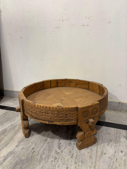 Handmade Indian Chowki Table: Carved Wood Bajot, Bohemian Decor