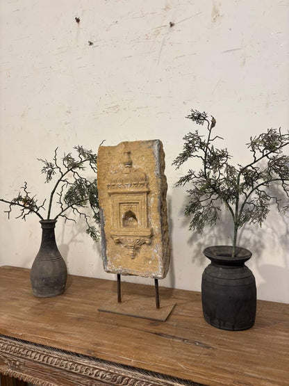 Antique Stone Alcove on Iron Stand: Indian Carved Lintel Candle Holder