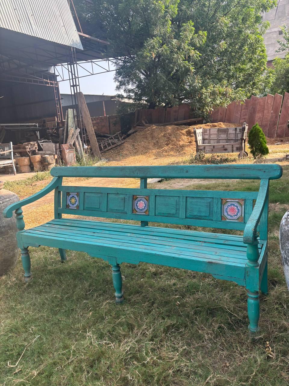 Vintage Hand Carved Wooden Bench – Rustic Indian Floral Garden Seating