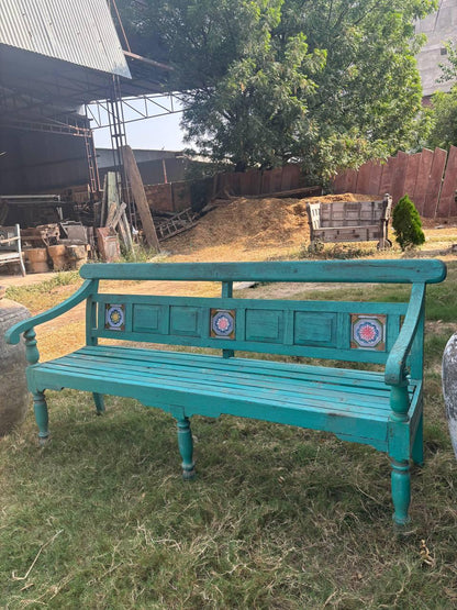 Vintage Hand Carved Wooden Bench – Rustic Indian Floral Garden Seating